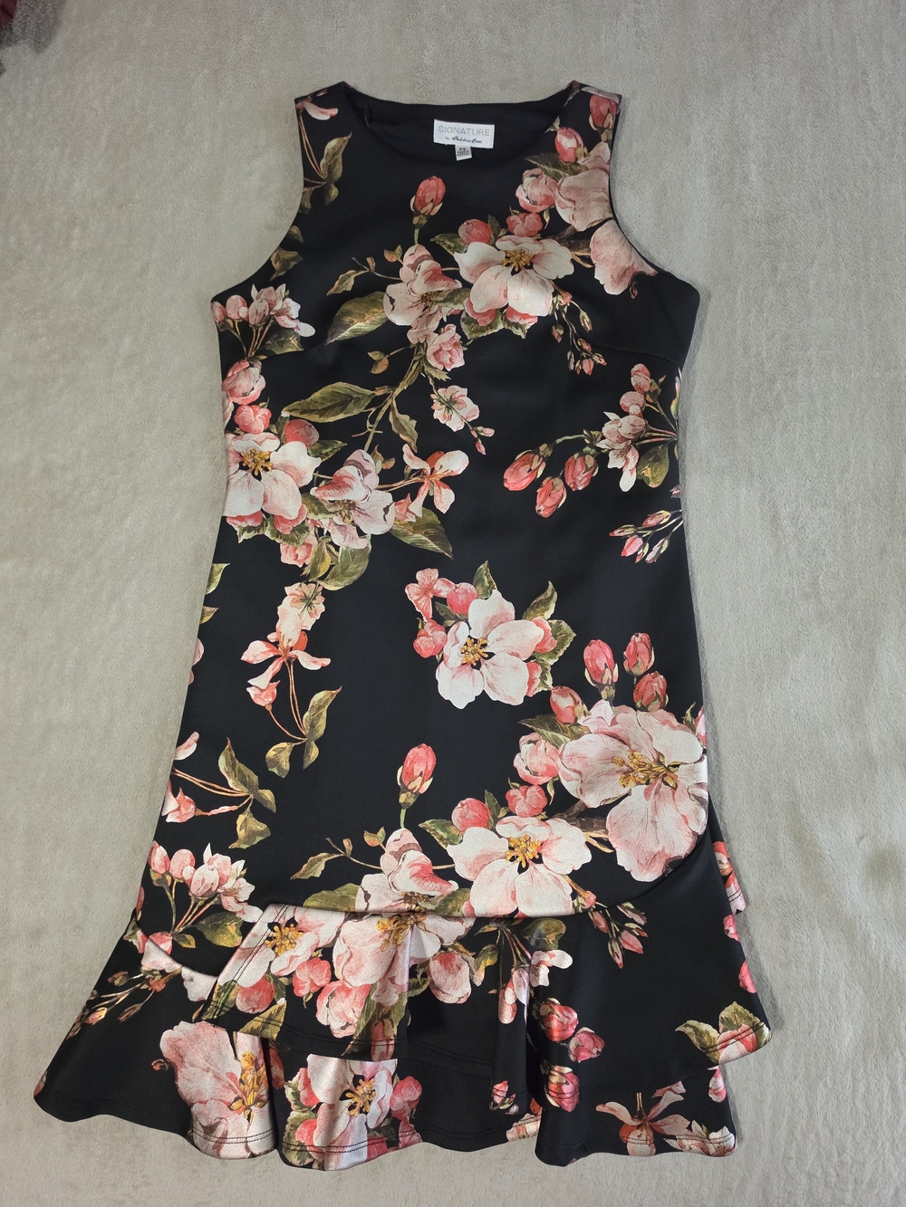 Robbie Bee Petite Small Black Floral Dress Asymmetrical Ruffle Hem Sleeveless